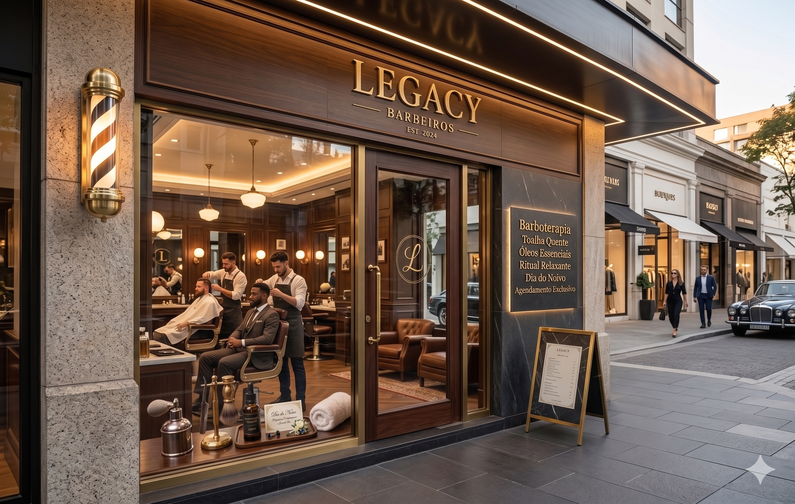 Fachada da Legacy Barber Shop, barbearia premium em ambiente urbano sofisticado